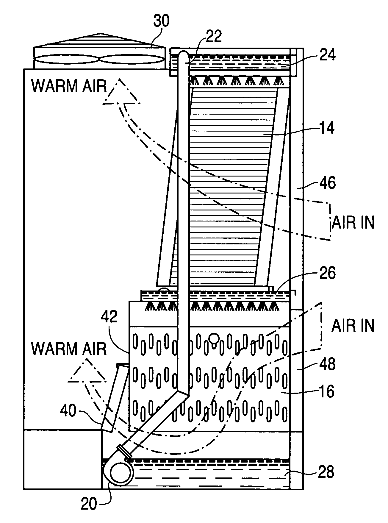 Fluid cooler with evaporative heat exchanger and intermediate distribution