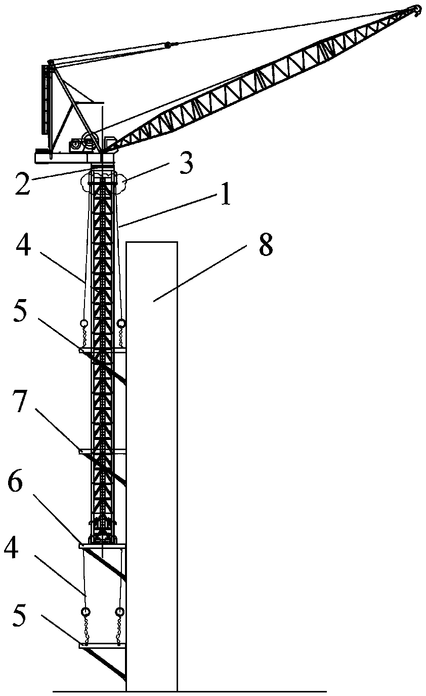 Movable arm type tower crane supporting system auxiliary circulating lifting transport device and construction method thereof