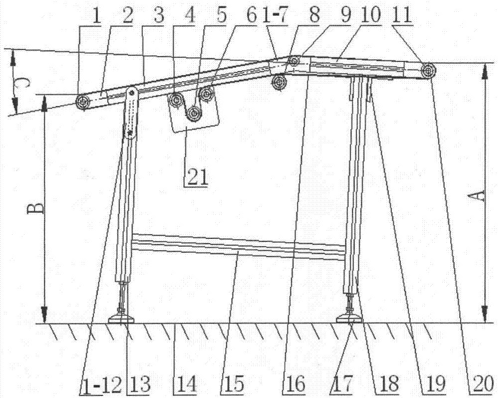 Conveying device for adjusting height of inlet through changing of angle