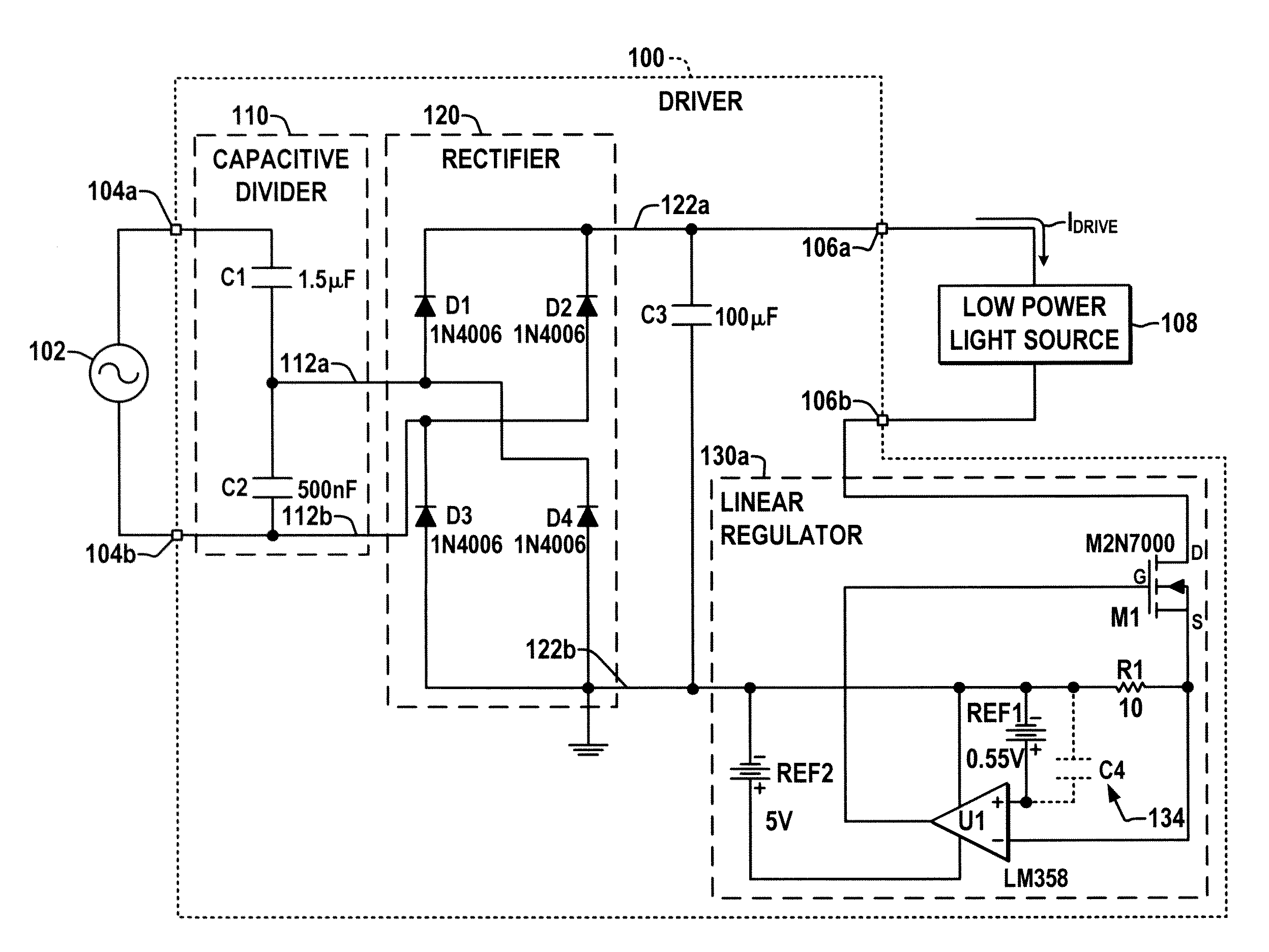 High efficiency low power capacitor charged DC driver