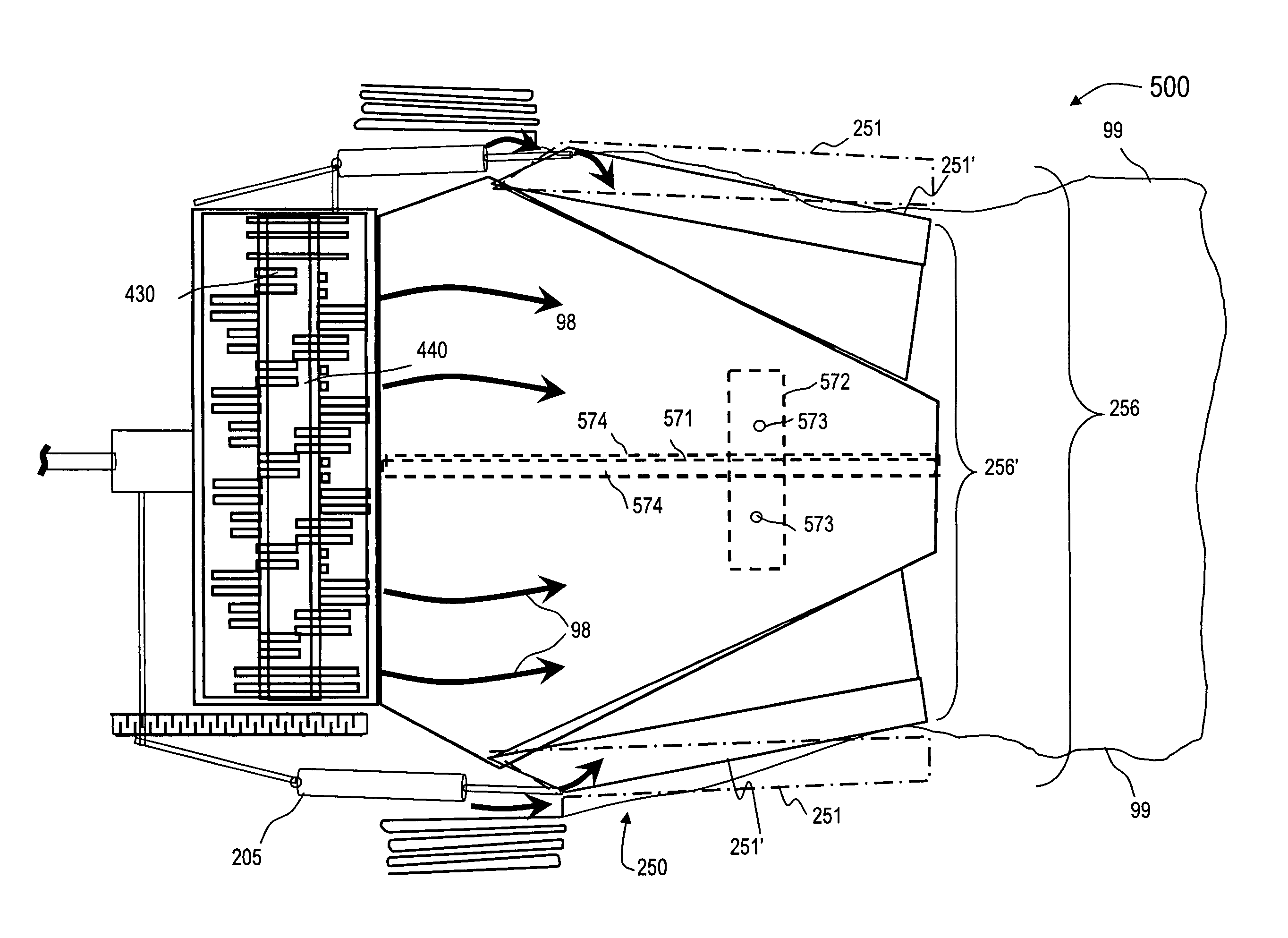 Agricultural bagger with dual rotor and/or variable-taper tunnel