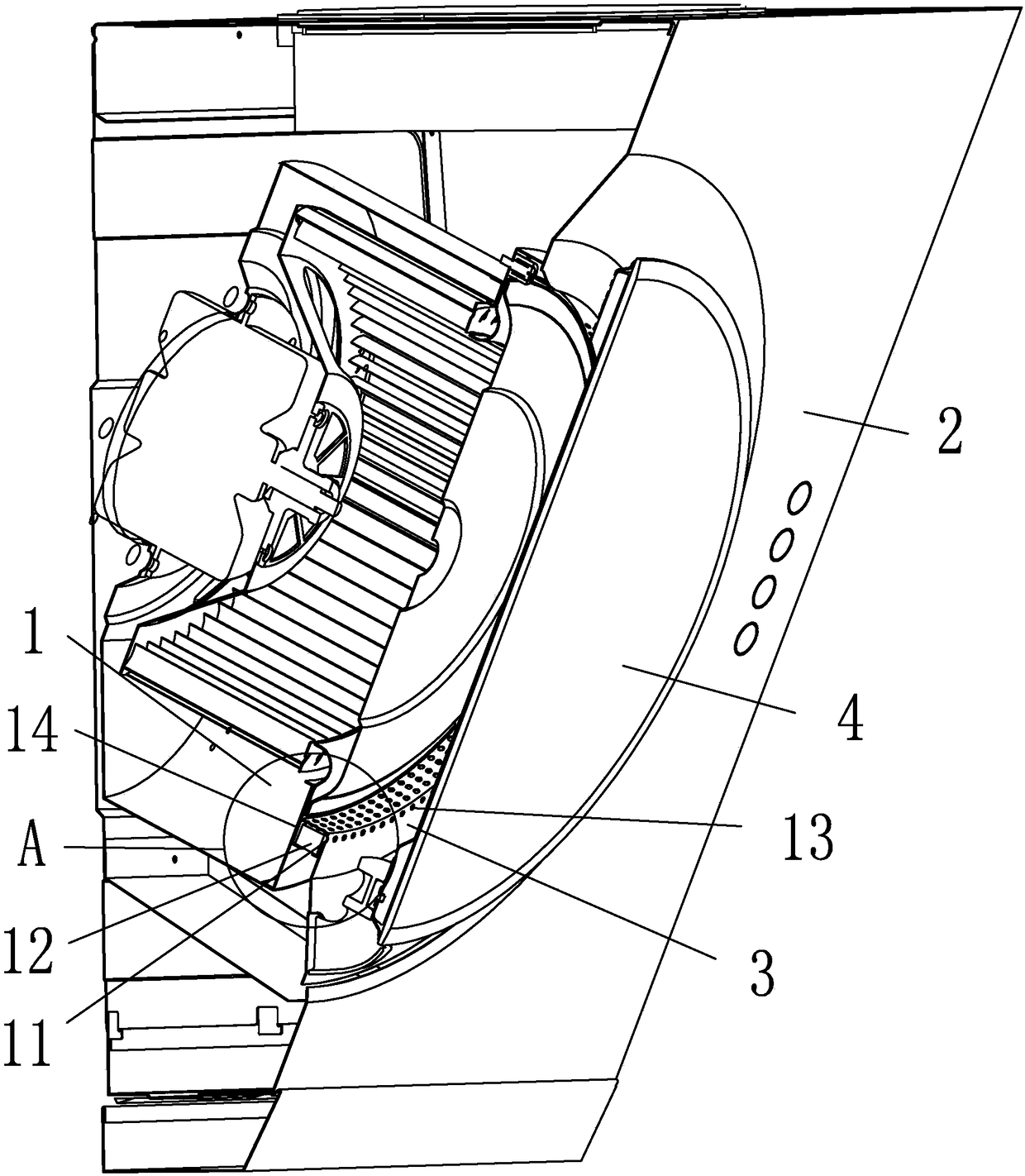 Side suction range hood noise reduction device