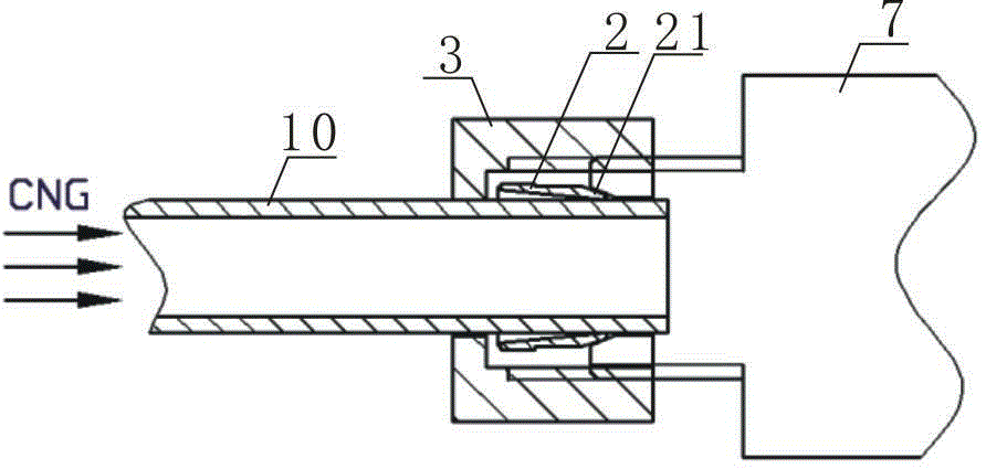 High-pressure conveying pipeline connecting structure based on flaring and clamping sleeve principle
