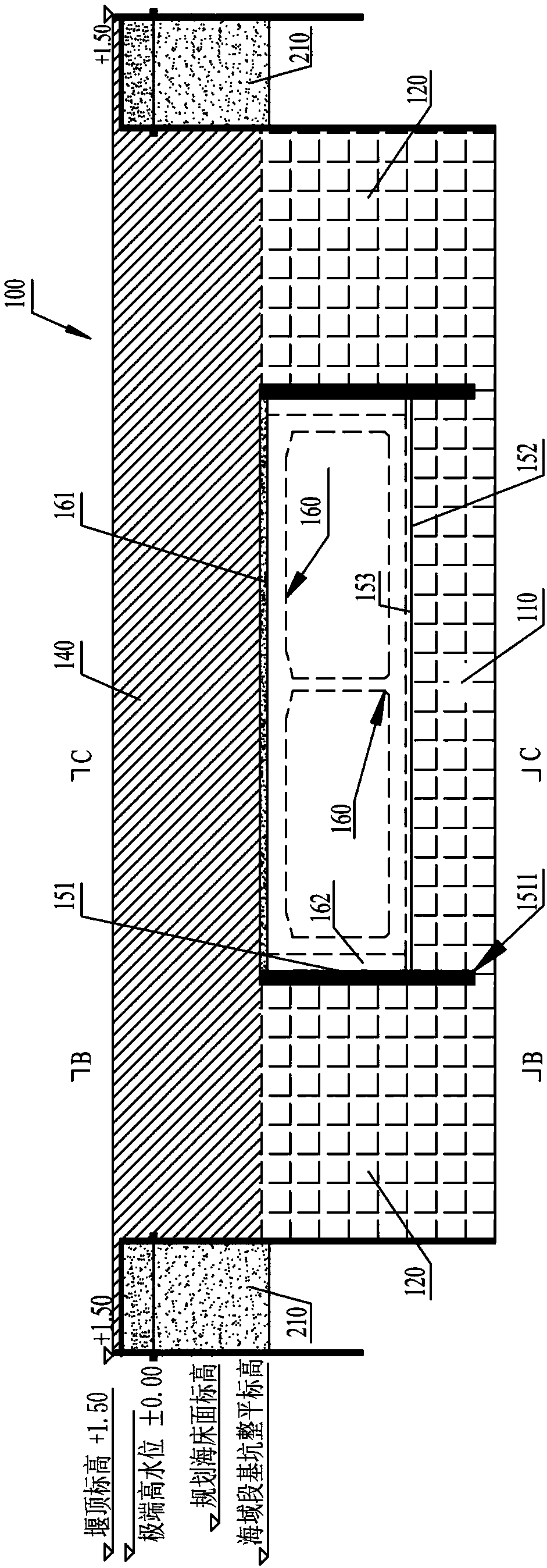 Backfilled cofferdam constructed in branched bins of subsea tunnel and construction method thereof