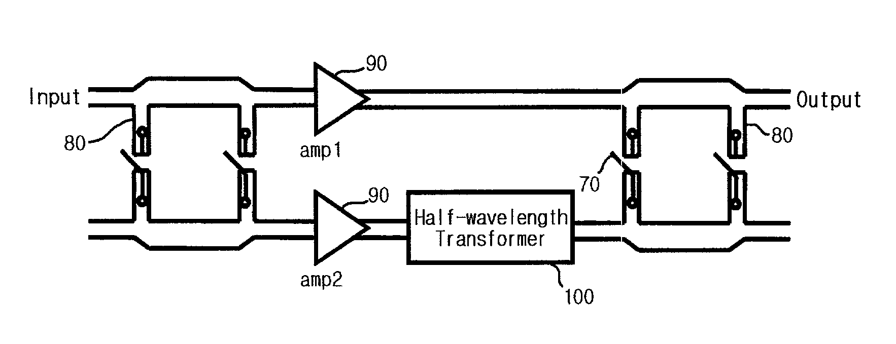 Microwave double-pole double-throw switch and microwave divide/through switch and power amplifier using thereof