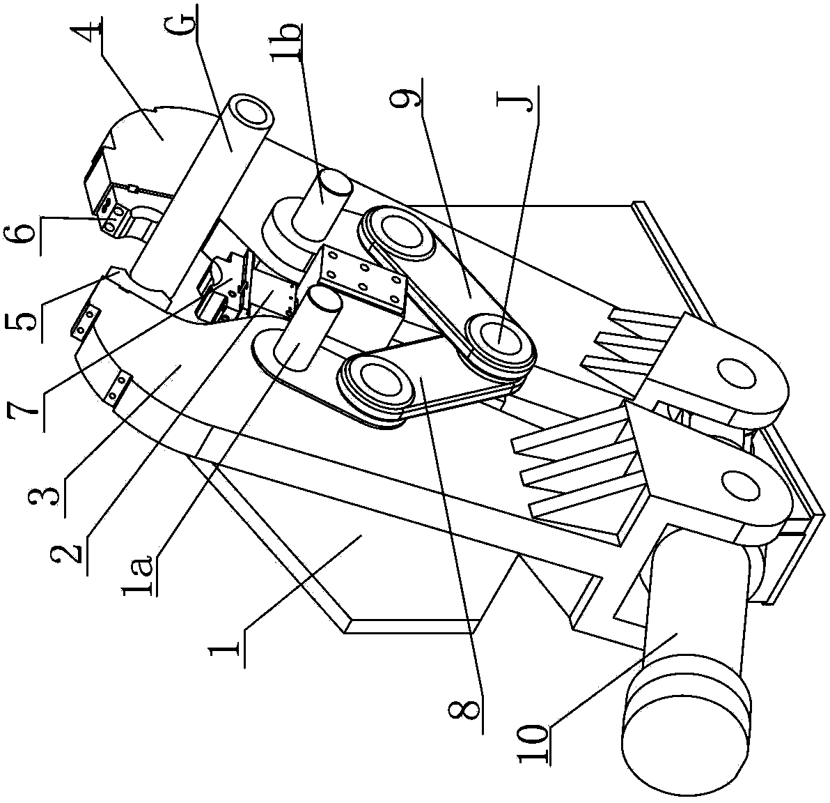 Three-claw opening-shrinking machine synchronized through connecting rods