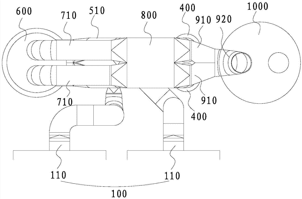 Rear flue gas system combined arrangement structure of two outlets of dust collector and double rows of induced draft fans
