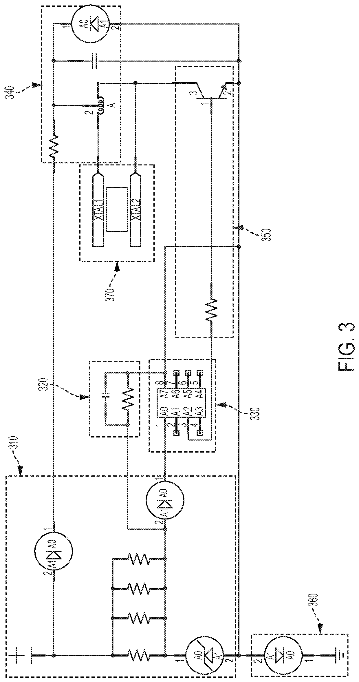 Alarm with piezoelectric element driven repetitively over pseudorandom frequencies