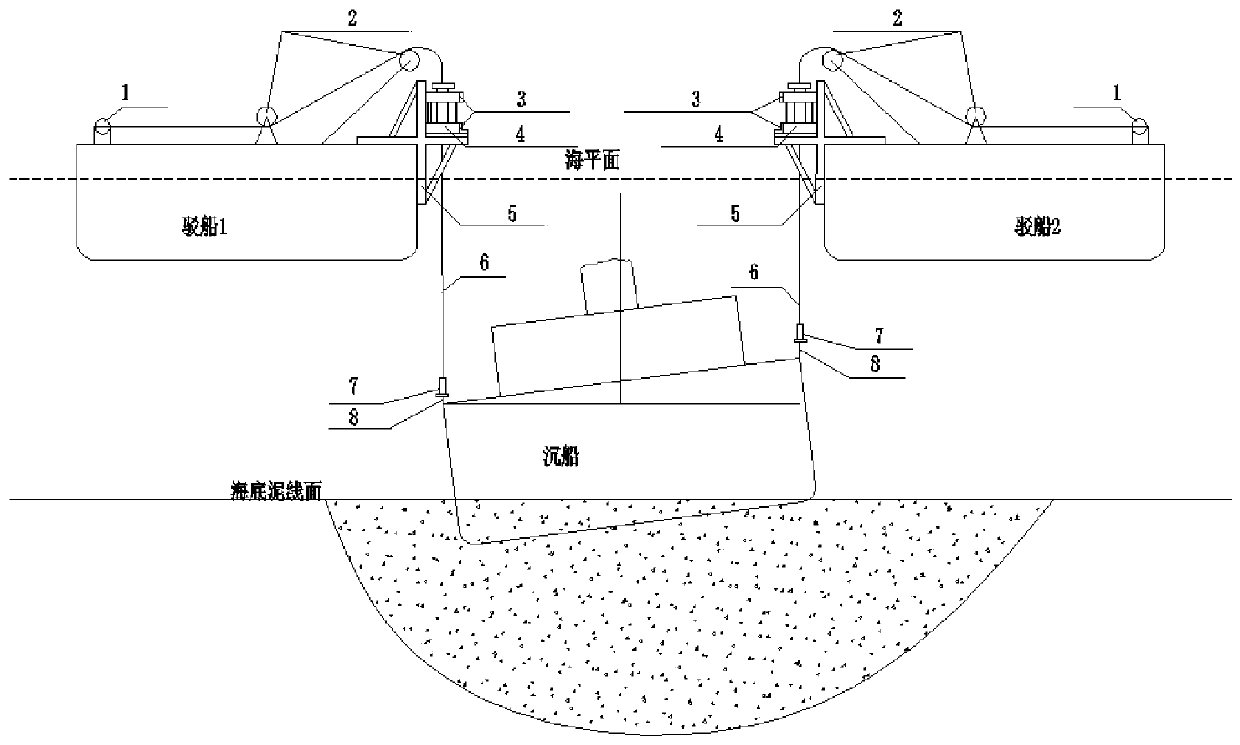 Vertical type salvage system with double barges and lifting steel strands for hydraulically-synchronous lifting sunken vessel