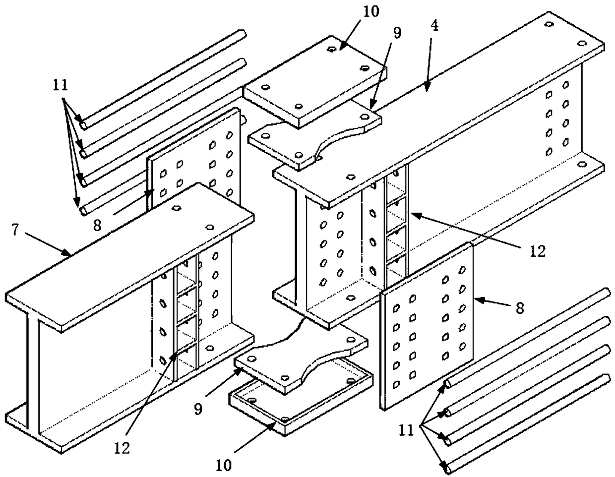 Assembling multi-section beam center support steel frame capable of self-centering after earthquake