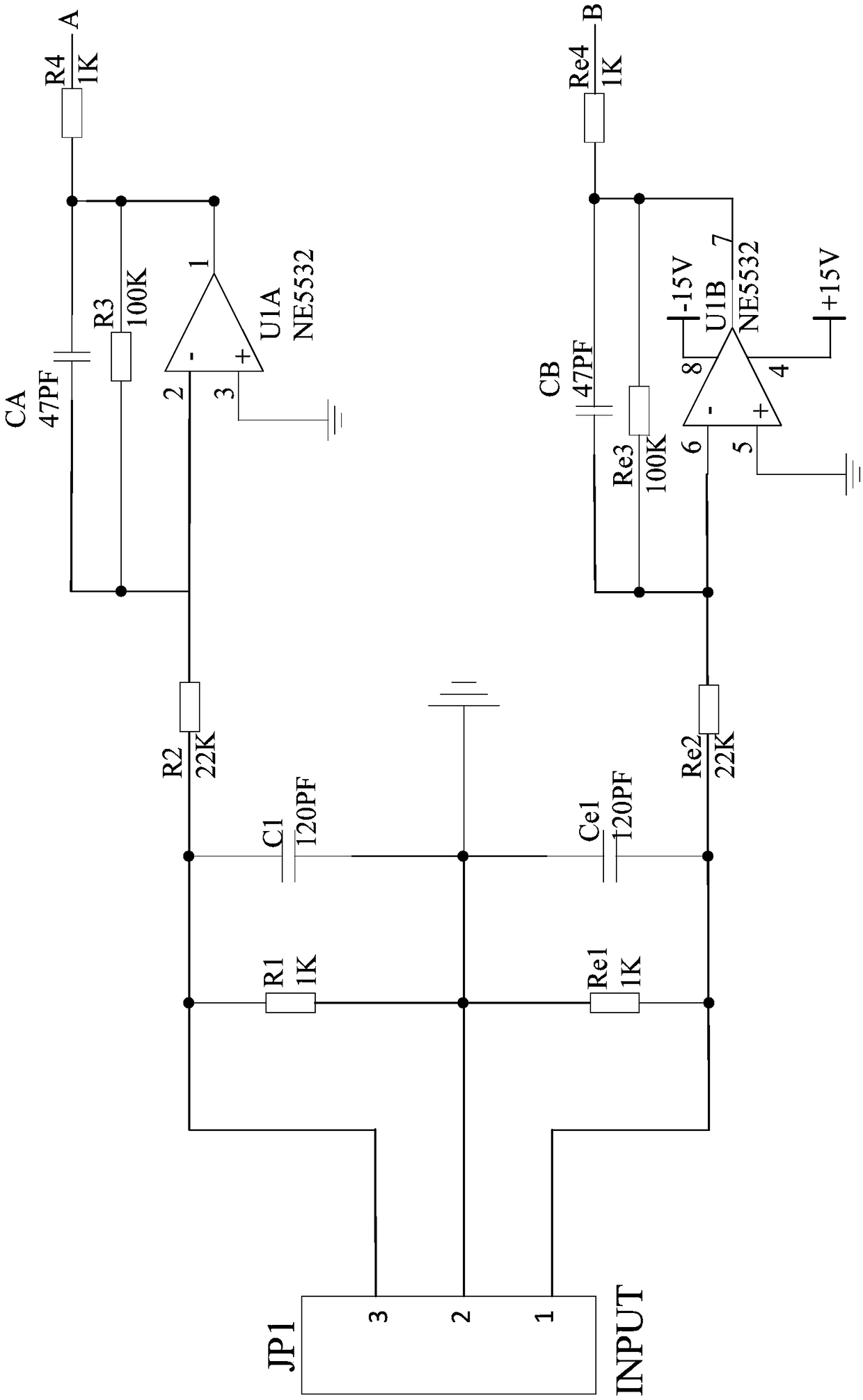 Tone regulation and control circuit based on NE5532 chip