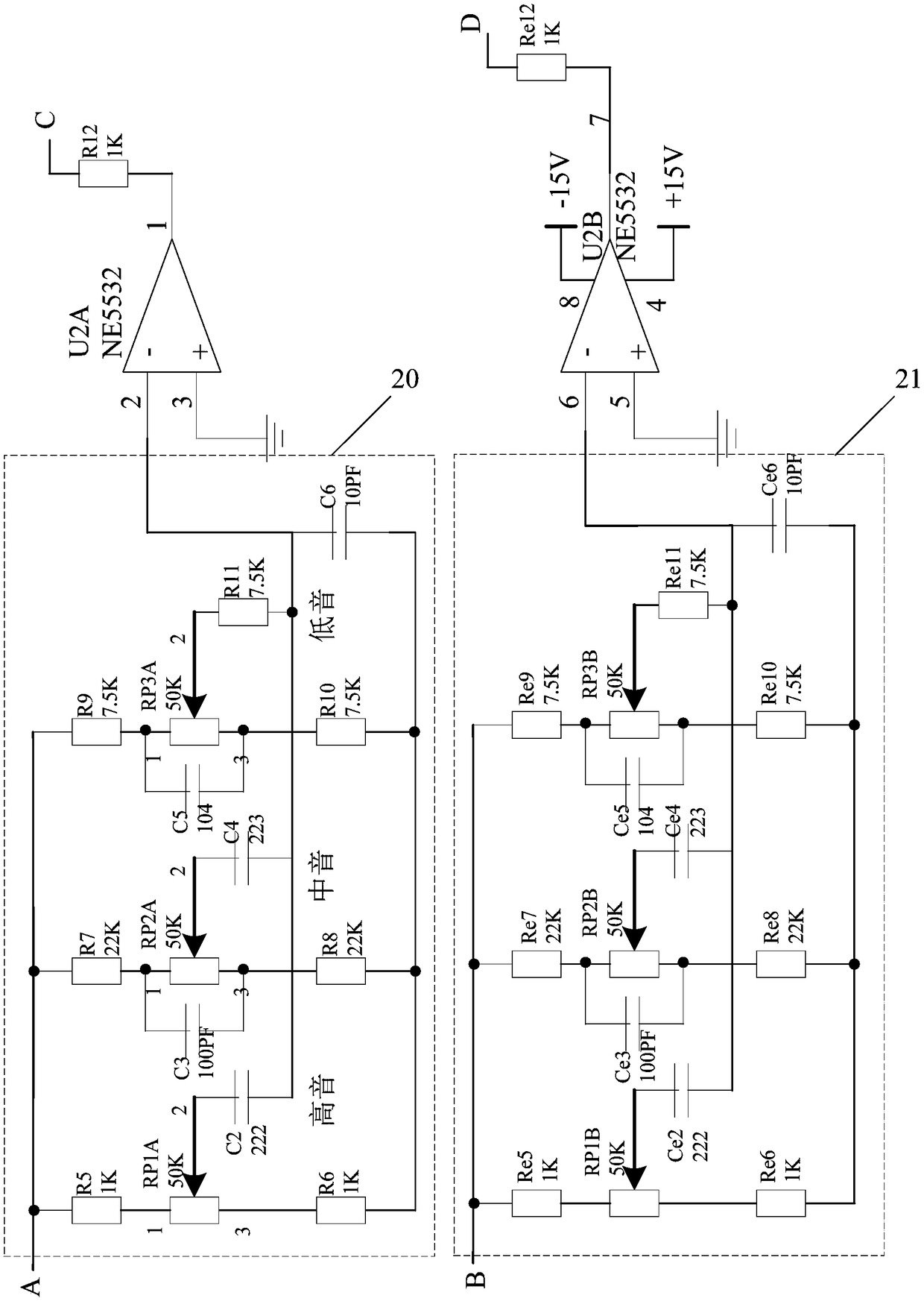 Tone regulation and control circuit based on NE5532 chip