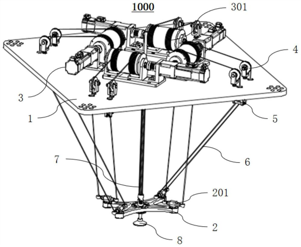 Rope-driven parallel robot with three-dimensional translation and one-dimensional rotation