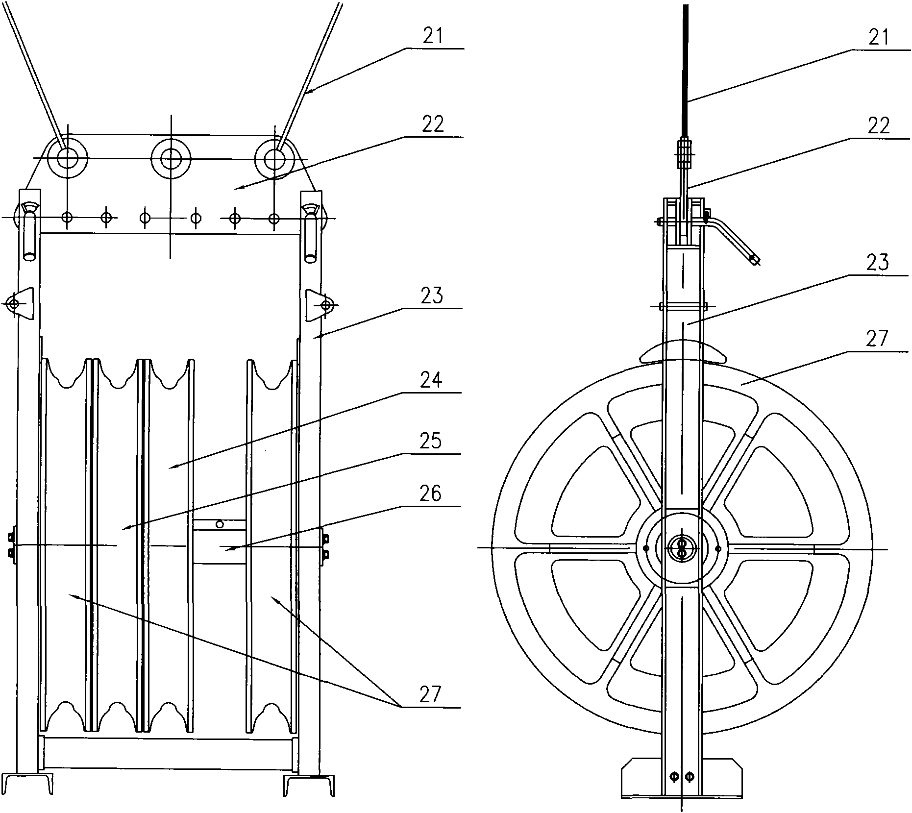 Symmetrical arrangement force balance type tackle for paying-off with a pull walking board and three wires and pull walking board