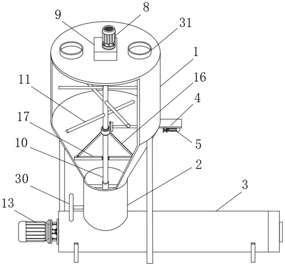 Anti-blocking type mixing and discharging device of screw extruder