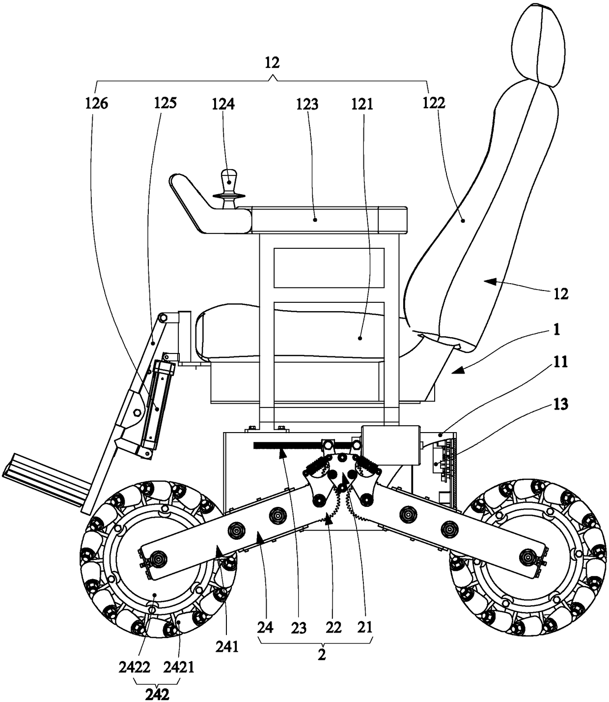 Height-adjustable all-round wheelchair with shock absorption