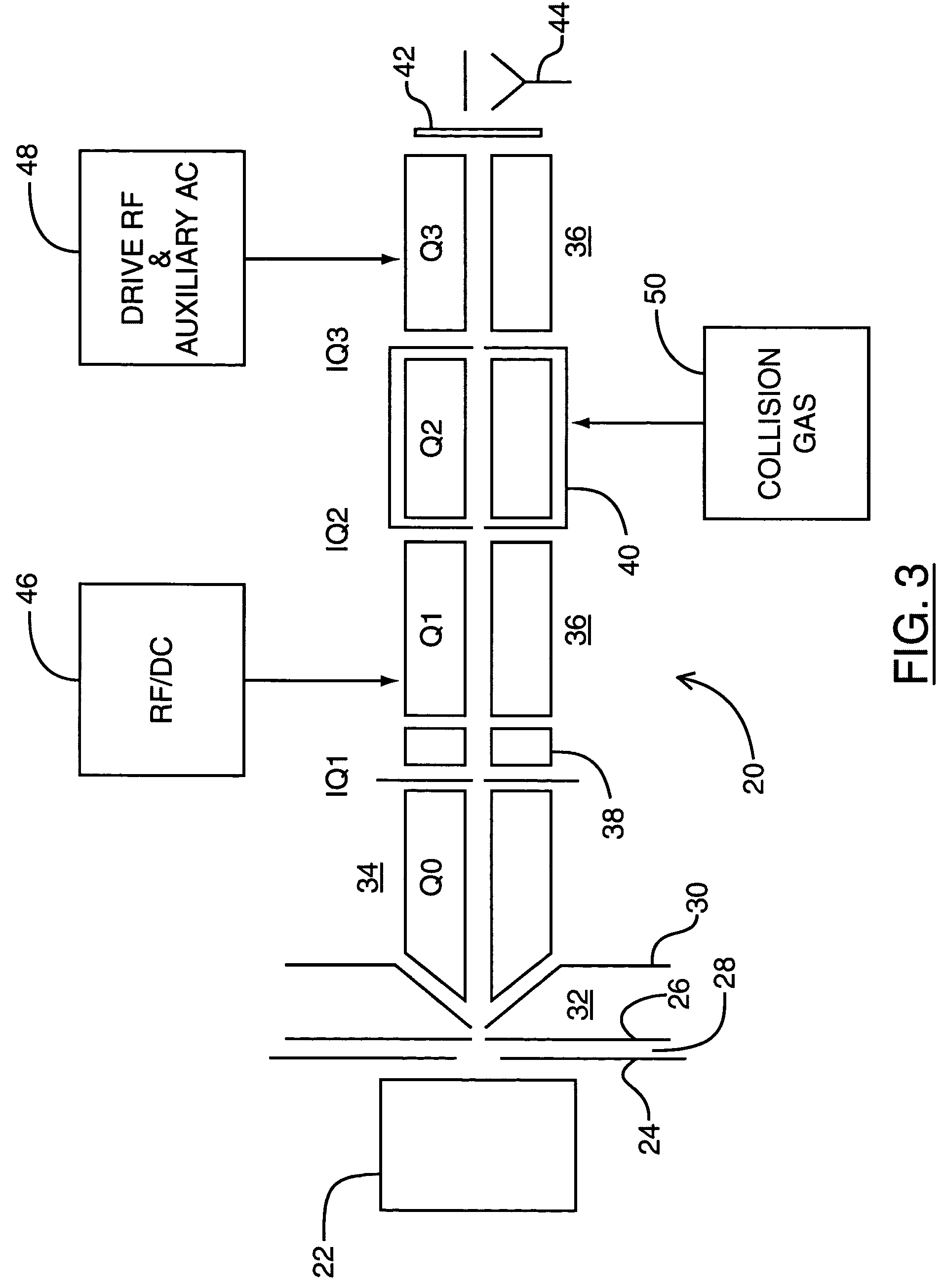 Quadrupole mass spectrometer with spatial dispersion