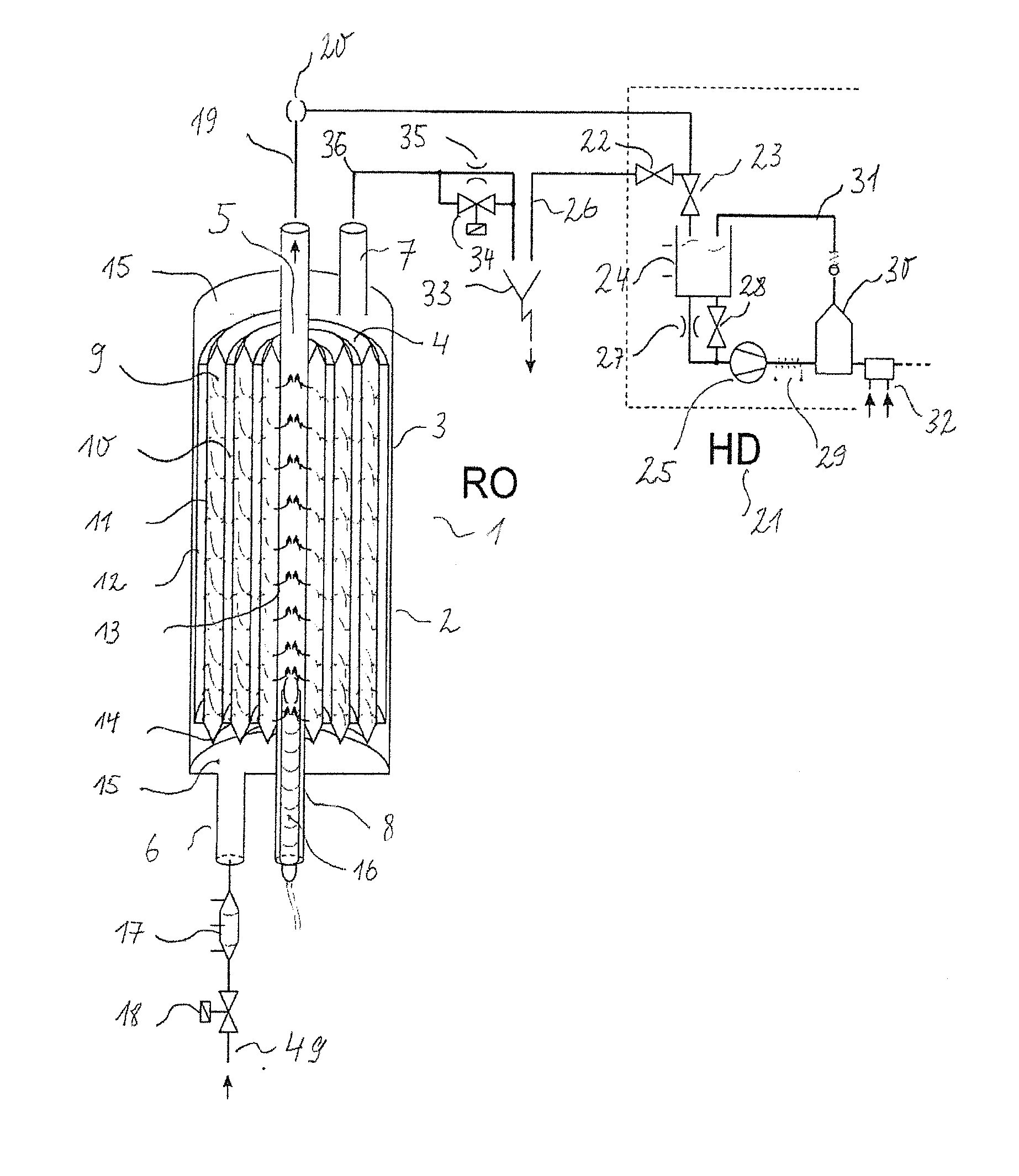 Combination of a single-station reverse osmosis device with a hemodialysis device