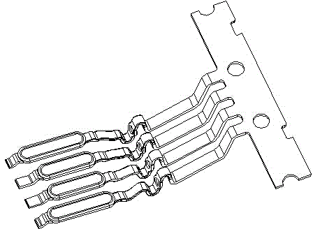 Continuous stamping die for manufacturing threading device communication connector terminal