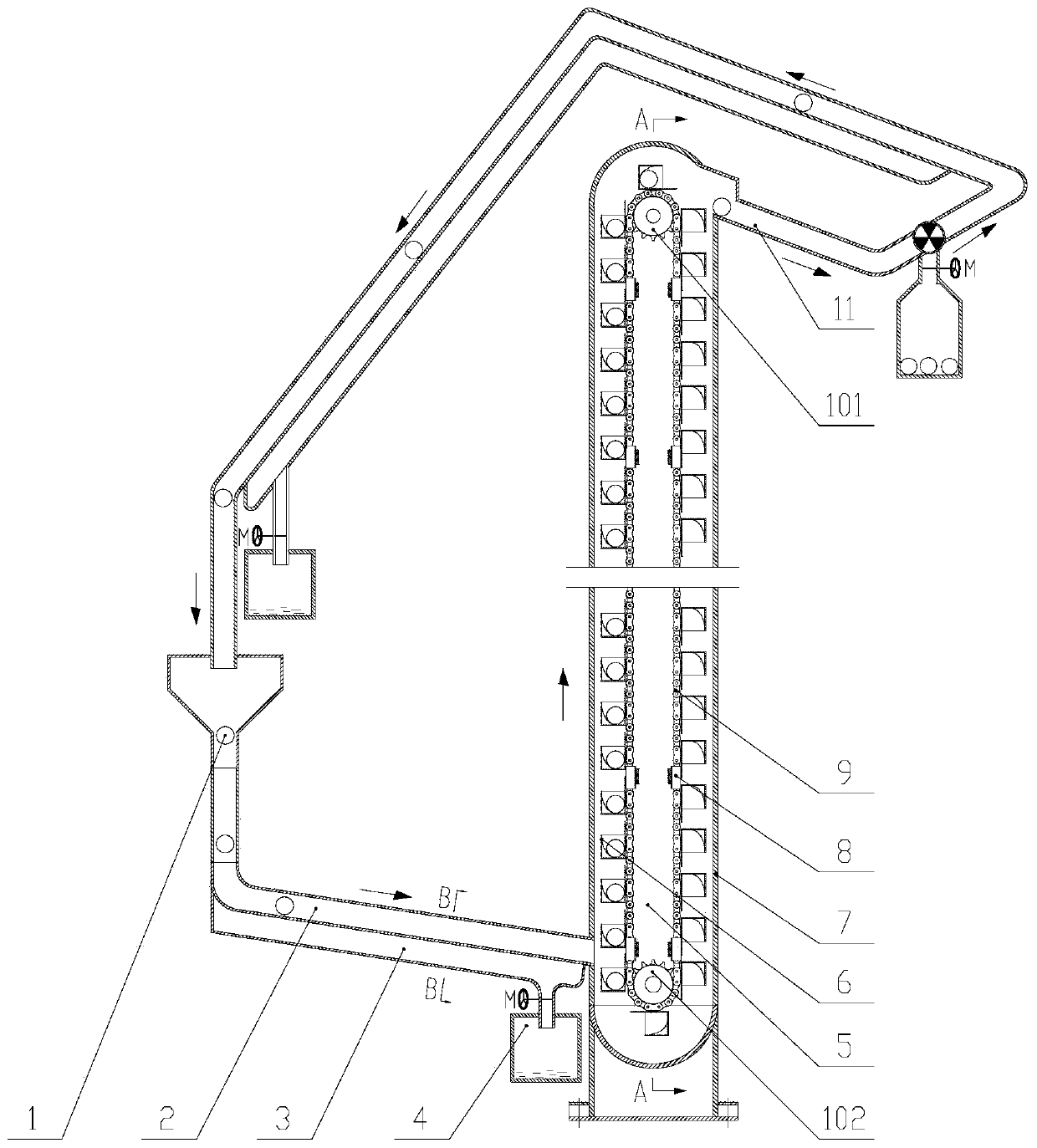Waterwheel-like chain-box-type vertical fuel conveying device