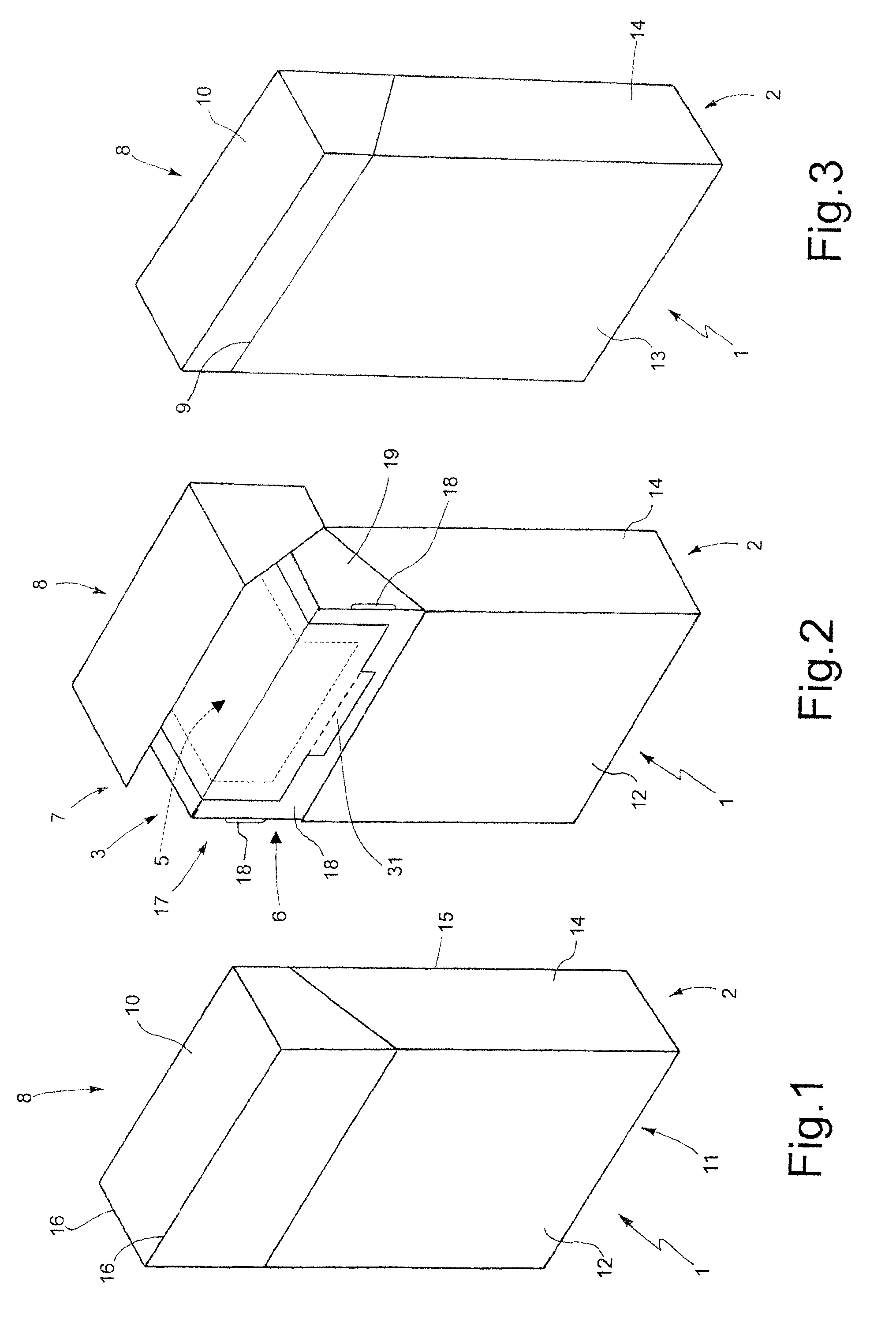 Rigid hinged-lid package and relative packing method and machine