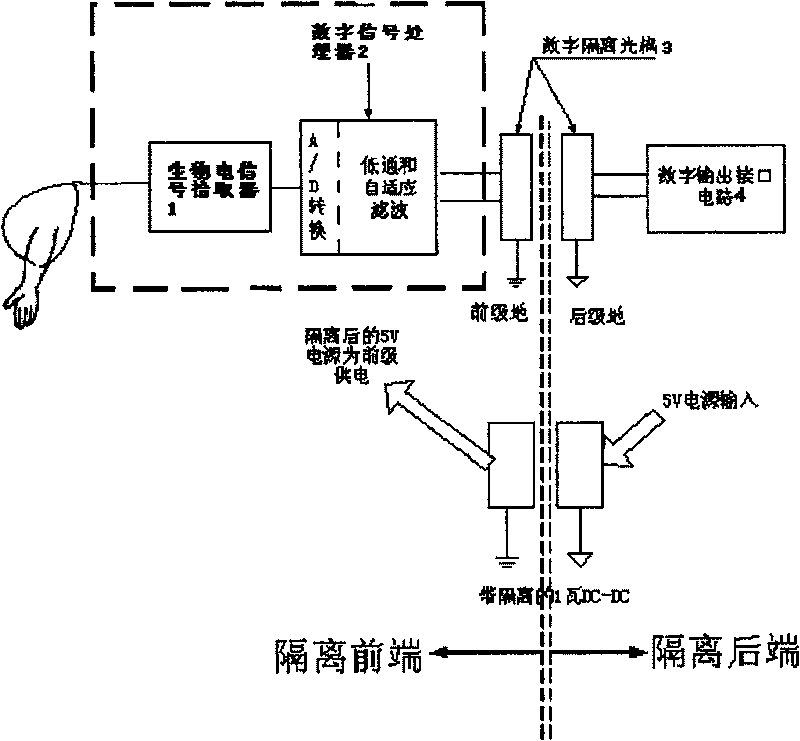 Digital completely isolated myoelectric signal amplifying and noise reducing method and device