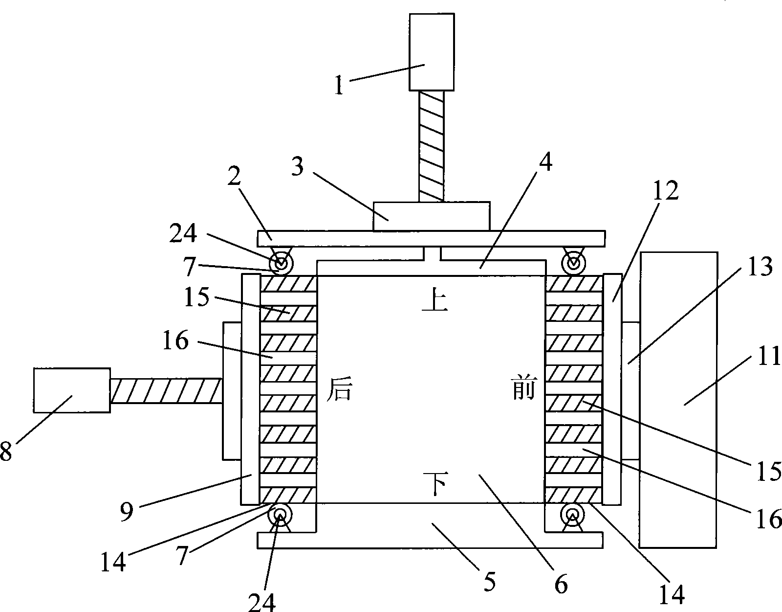 True triaxial instrument of deformation without side direction interference