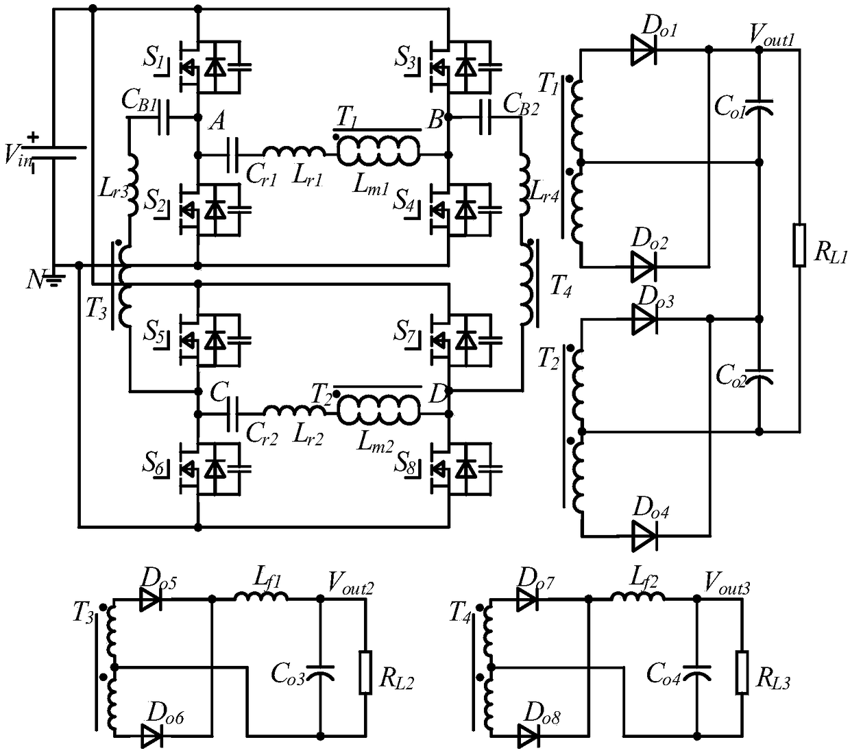 Mixed modulation isolation type three-circuit output DC-DC converter