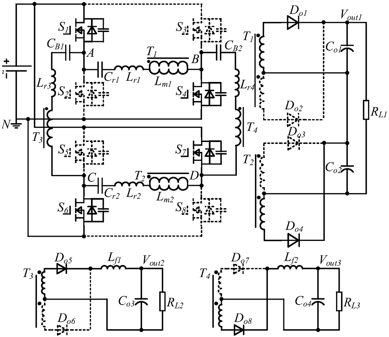 Mixed modulation isolation type three-circuit output DC-DC converter