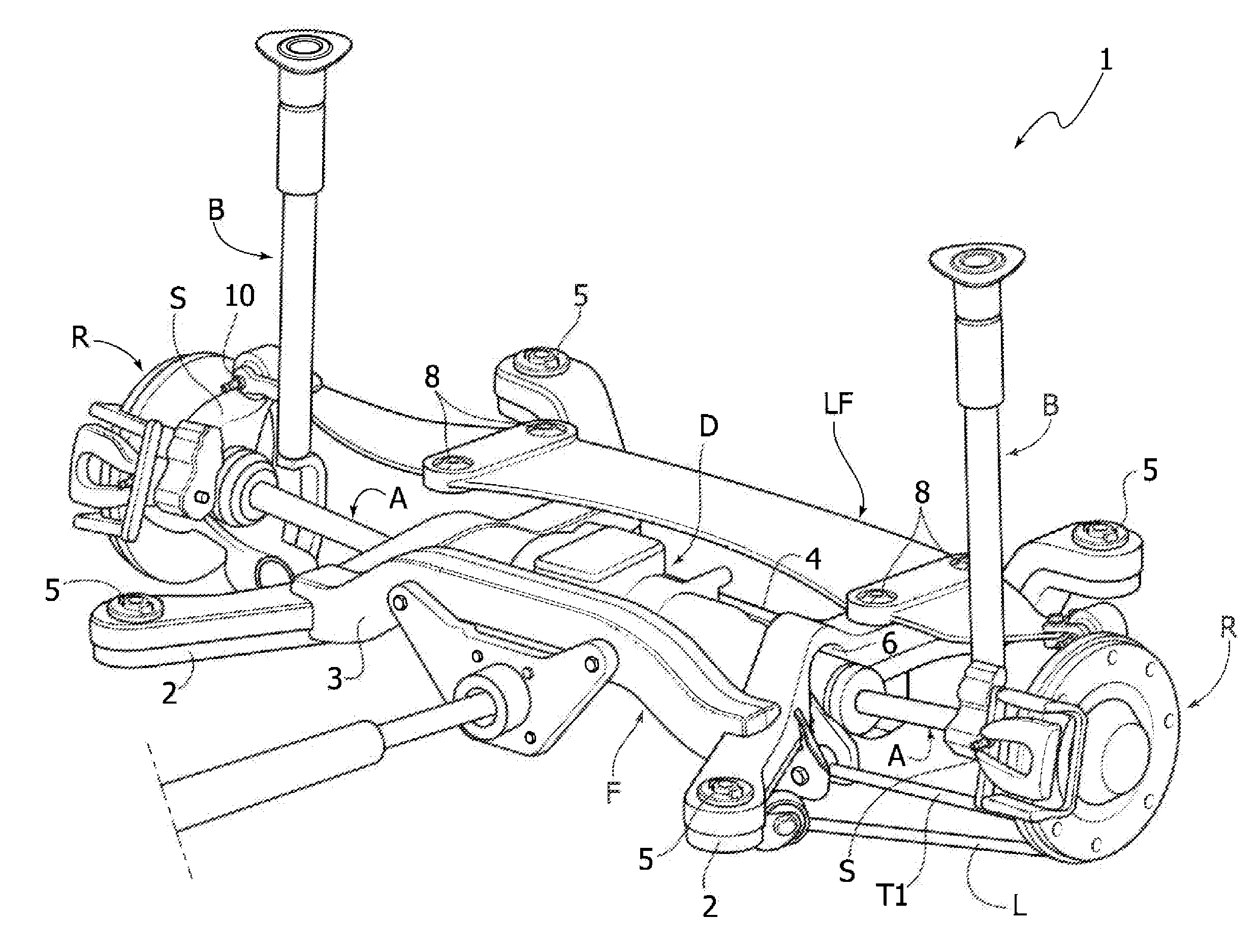 Motor-vehicle multi-link suspension system including a transverse leaf spring