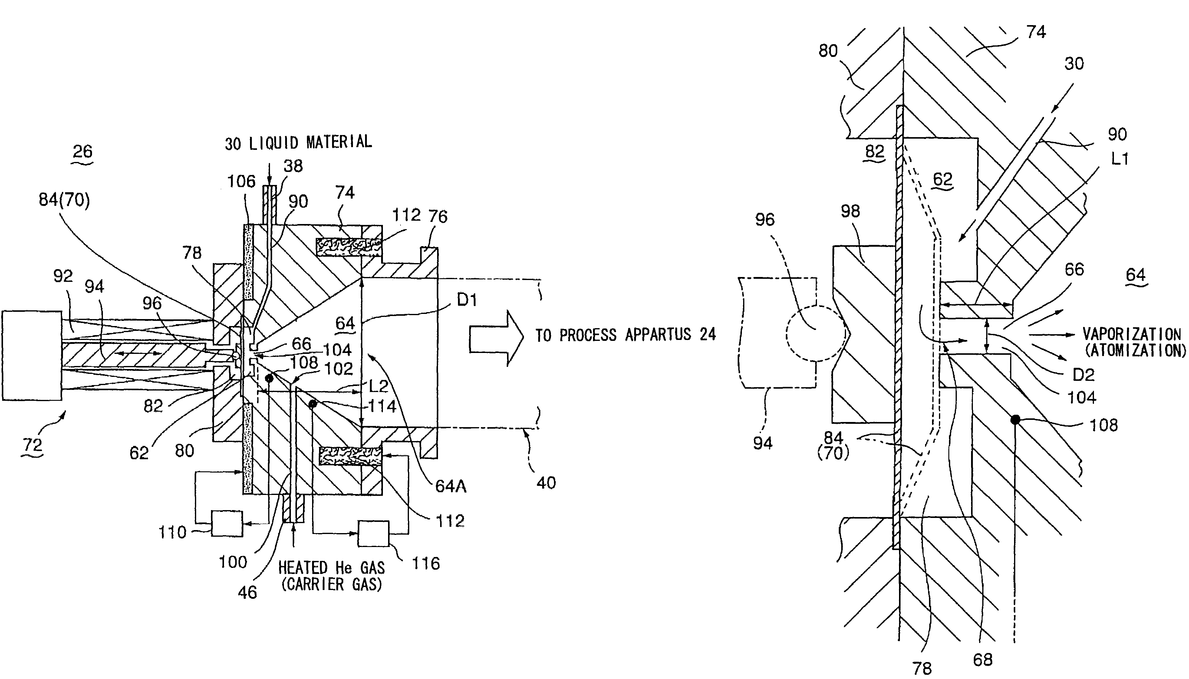 Semiconductor manufacturing system having a vaporizer which efficiently vaporizes a liquid material