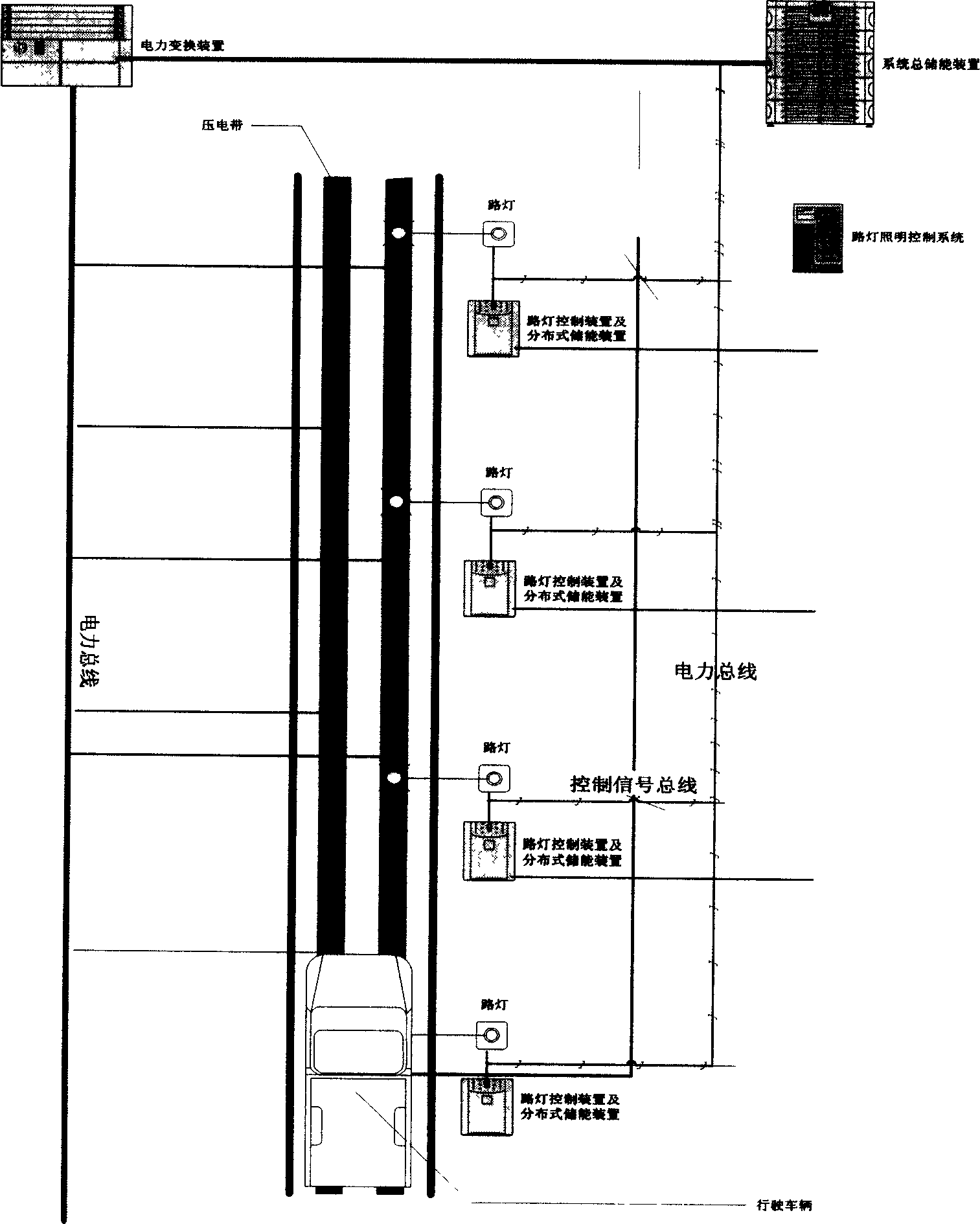 Method of piezoelectric power generation by using vibration energy of road surface, and street lighting luminaire system therefor
