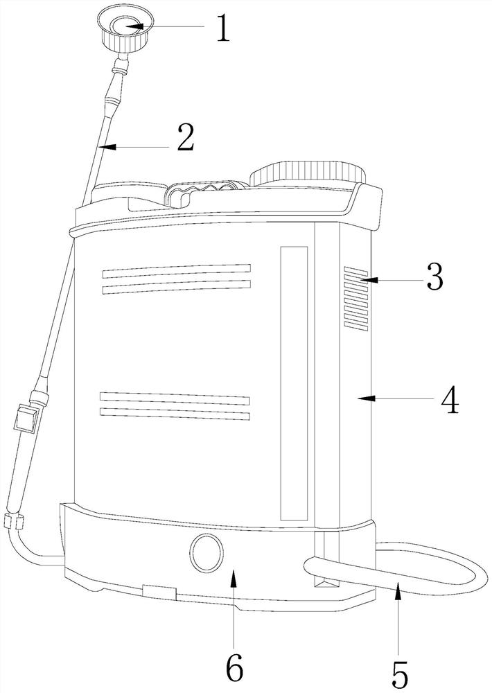 A knapsack sprayer that uses an air pump to distribute cold air intermittently and evenly to remove sweat