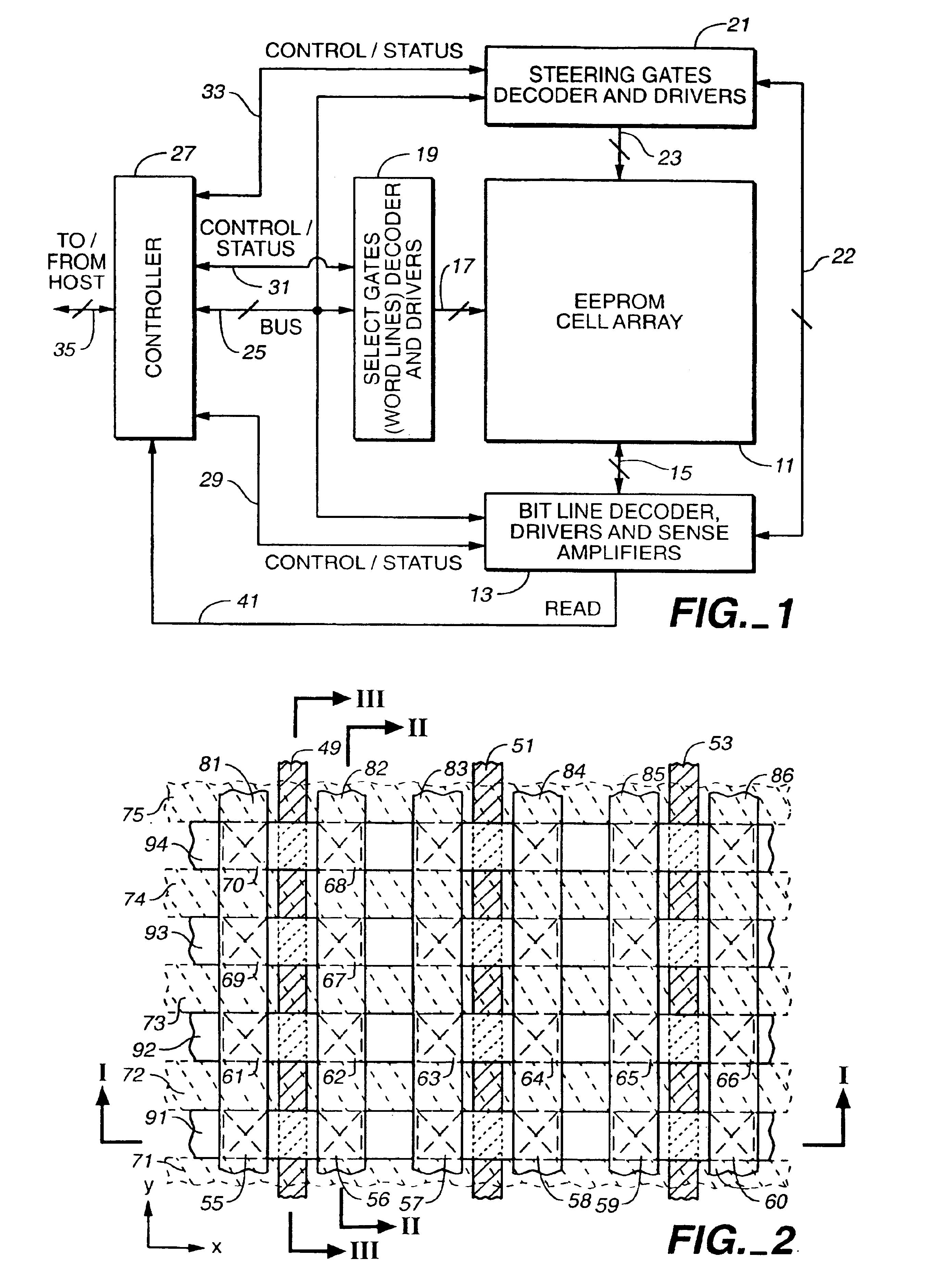 Non-volatile memory cell array having discontinuous source and drain diffusions contacted by continuous bit line conductors and methods of forming