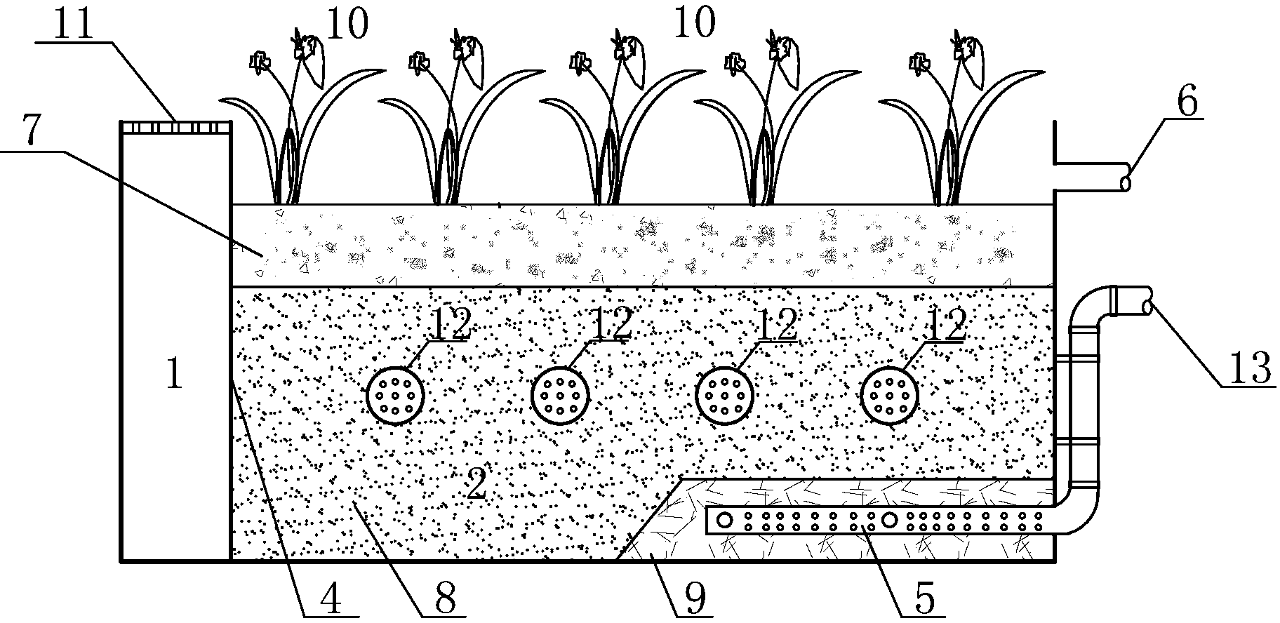 Overland runoff rainwater storing and purifying integrated device with flooded culvert pipes and overland runoff rainwater storing and purifying method