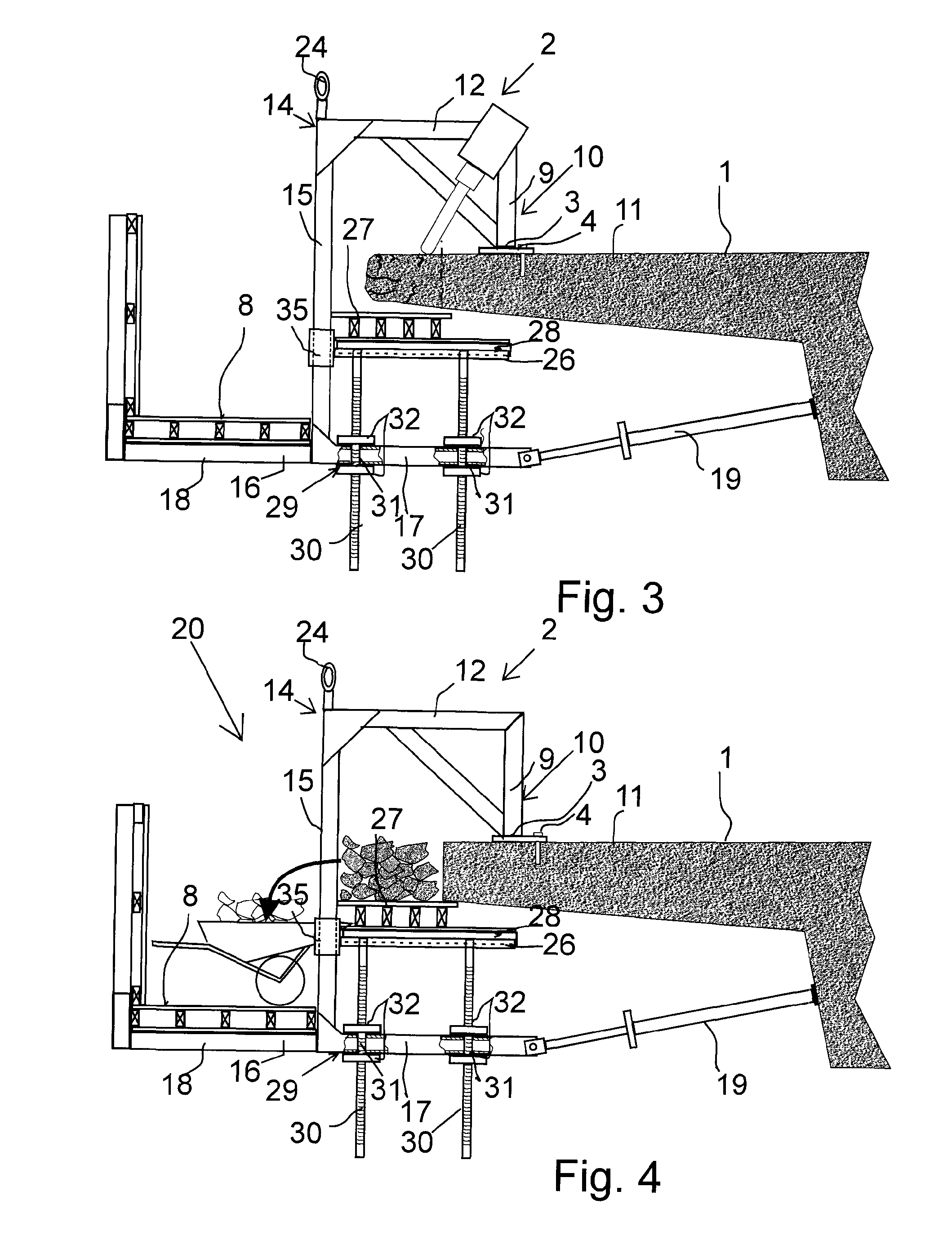 Scaffold arrangement and method for repairing the edge structure of a concrete bridge