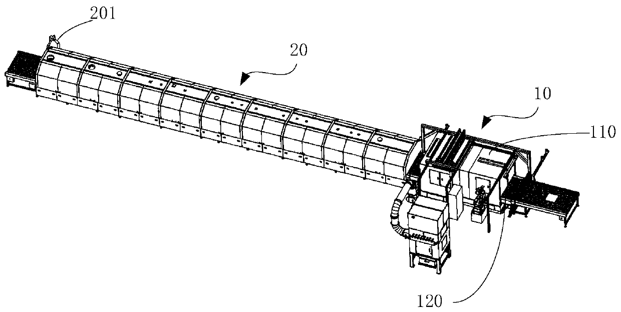 Powder coating device for wooden workpiece, powder coating system and powder coating method