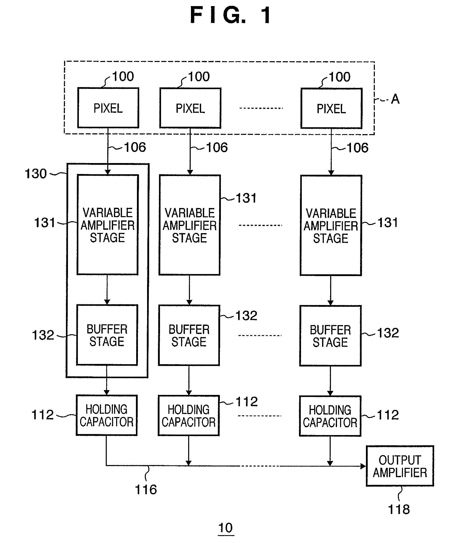 Photoelectric conversion device and image capturing device with variable amplifier for amplifying signal by a selected gain