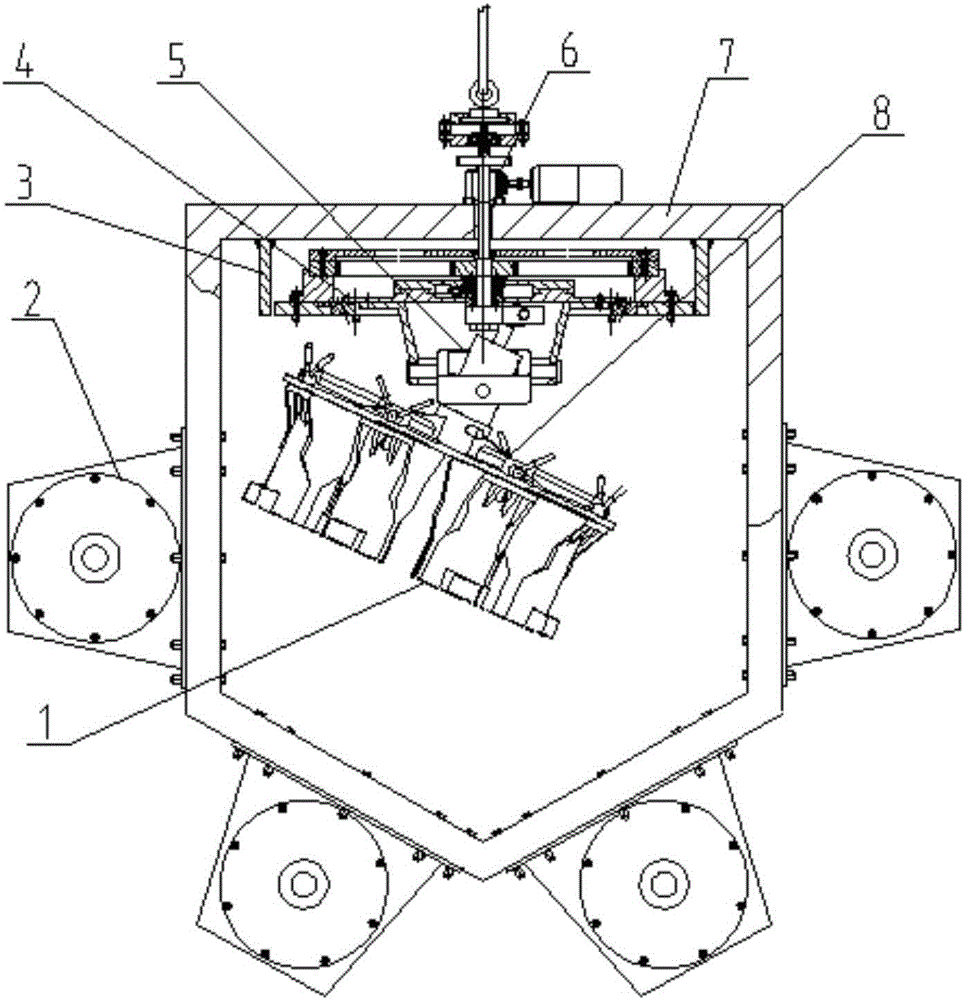 Shot blasting rotating shaking head suspension system for inner wall of train buffer tank