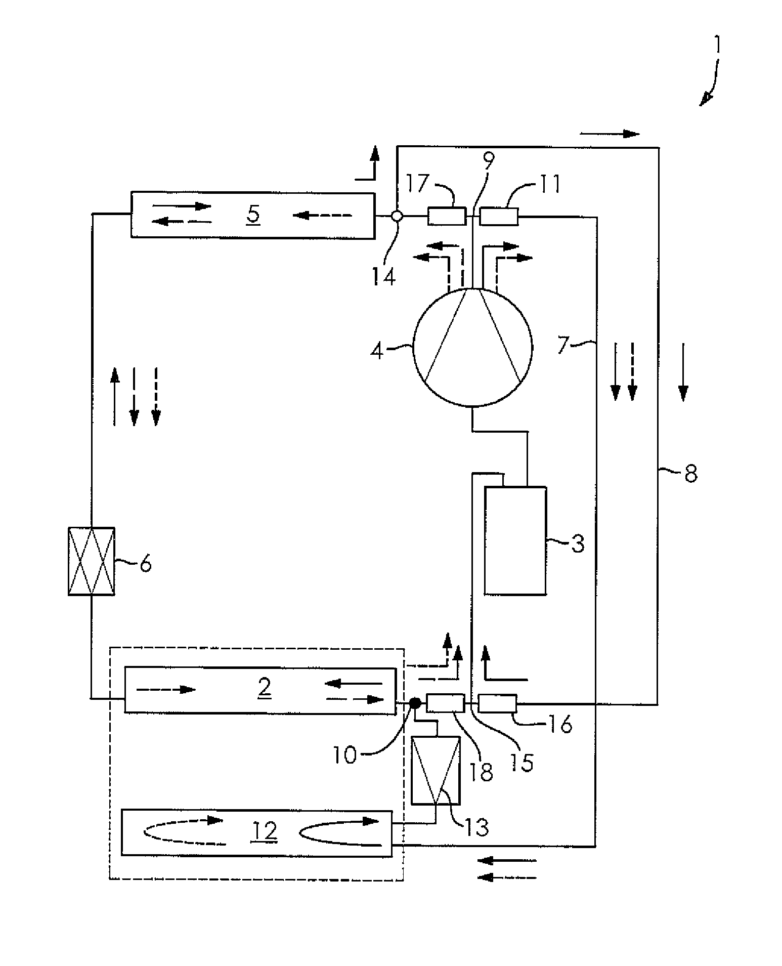 Refrigerant circuit of an air conditioner with heat pump