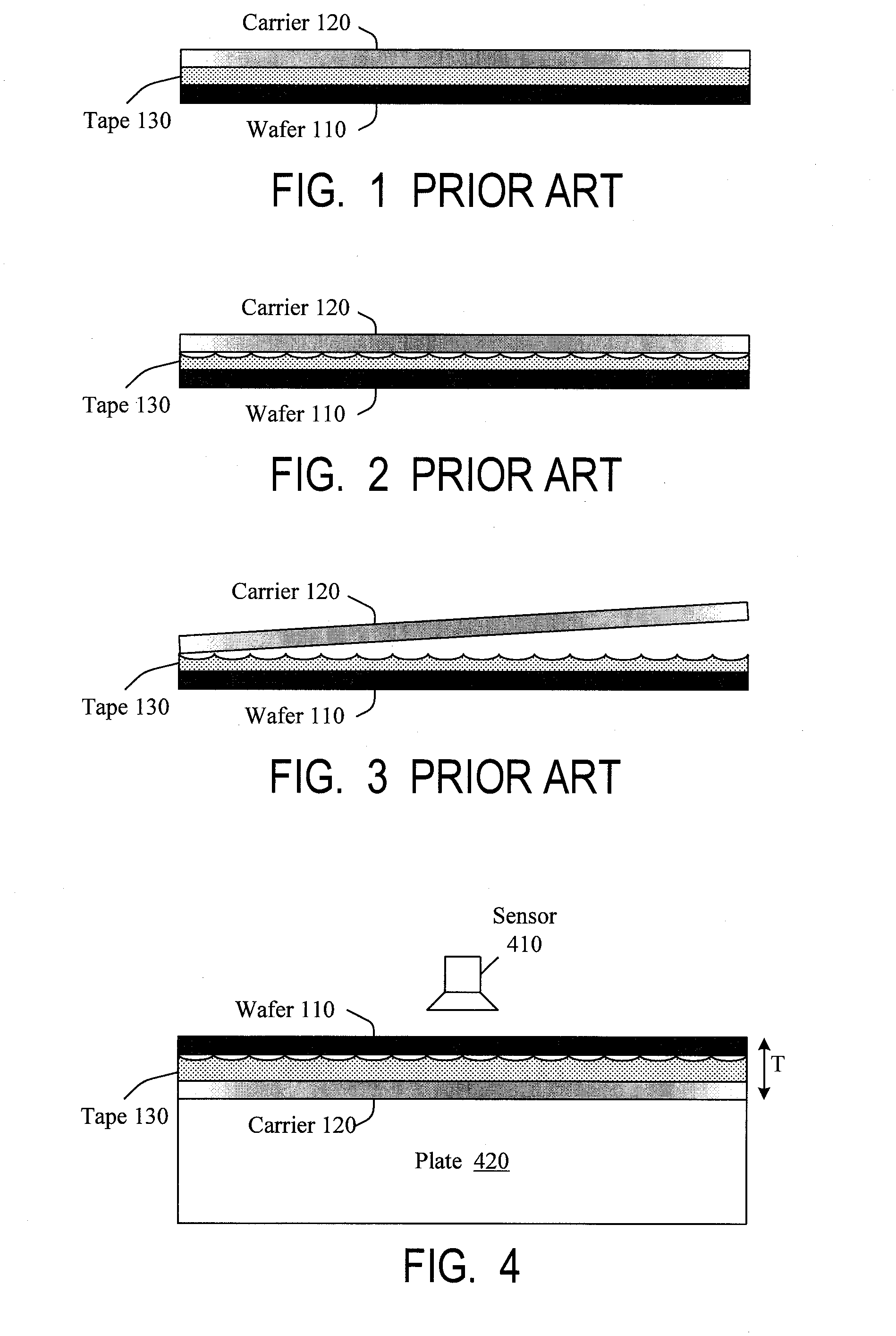 Method and apparatus for debonding of structures which are bonded together, including (but not limited to) debonding of semiconductor wafers from carriers when the bonding is effected by double-sided adhesive tape