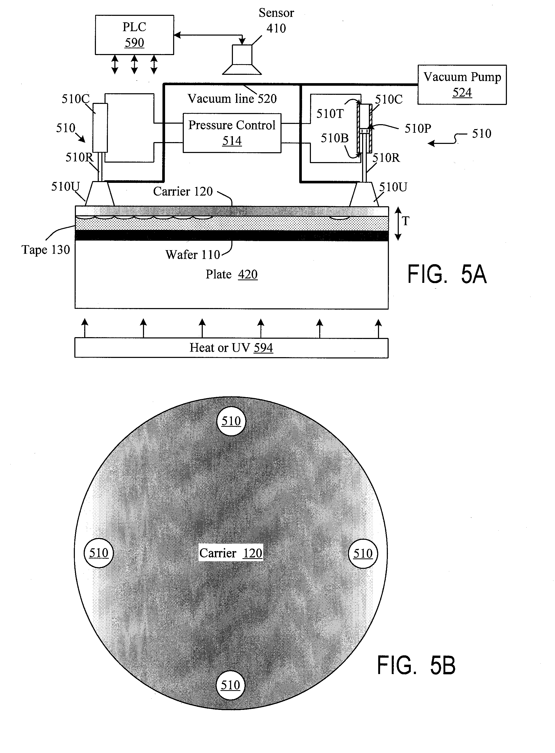 Method and apparatus for debonding of structures which are bonded together, including (but not limited to) debonding of semiconductor wafers from carriers when the bonding is effected by double-sided adhesive tape