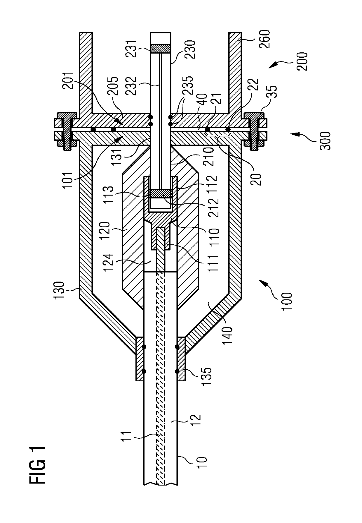 Subsea termination gland, connector front end and connector assembly