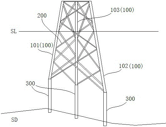 Unequal-length-leg offshore wind power jacket foundation and construction method thereof