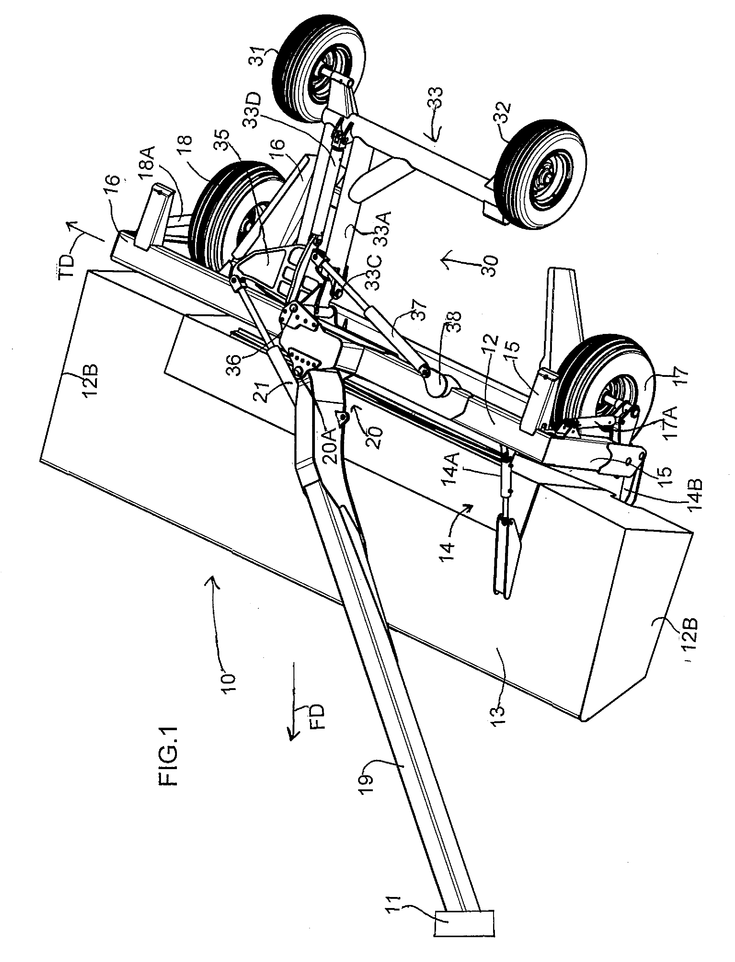 Pull-type crop harvesting machine transport system including a swath protection shield