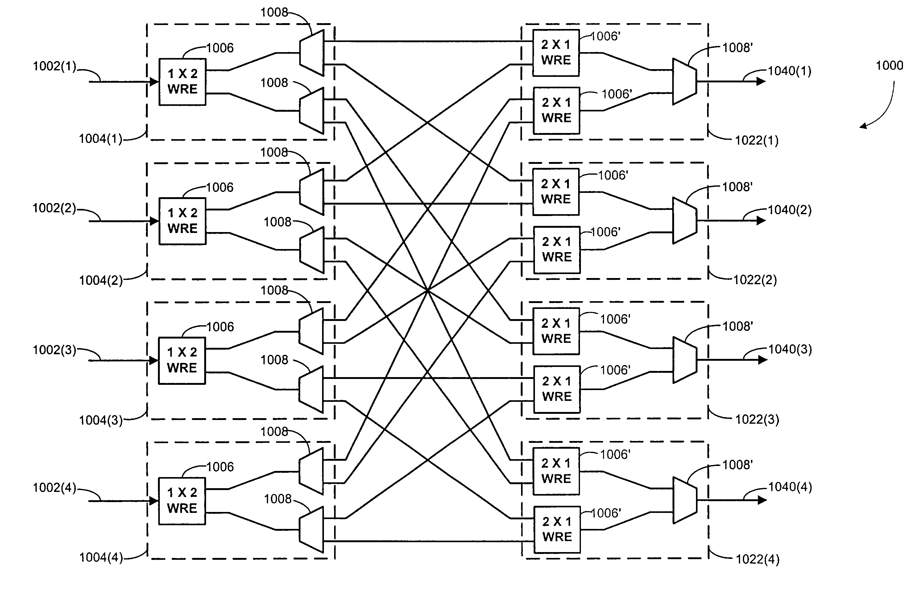Optical wavelength cross connect architectures using wavelength routing elements