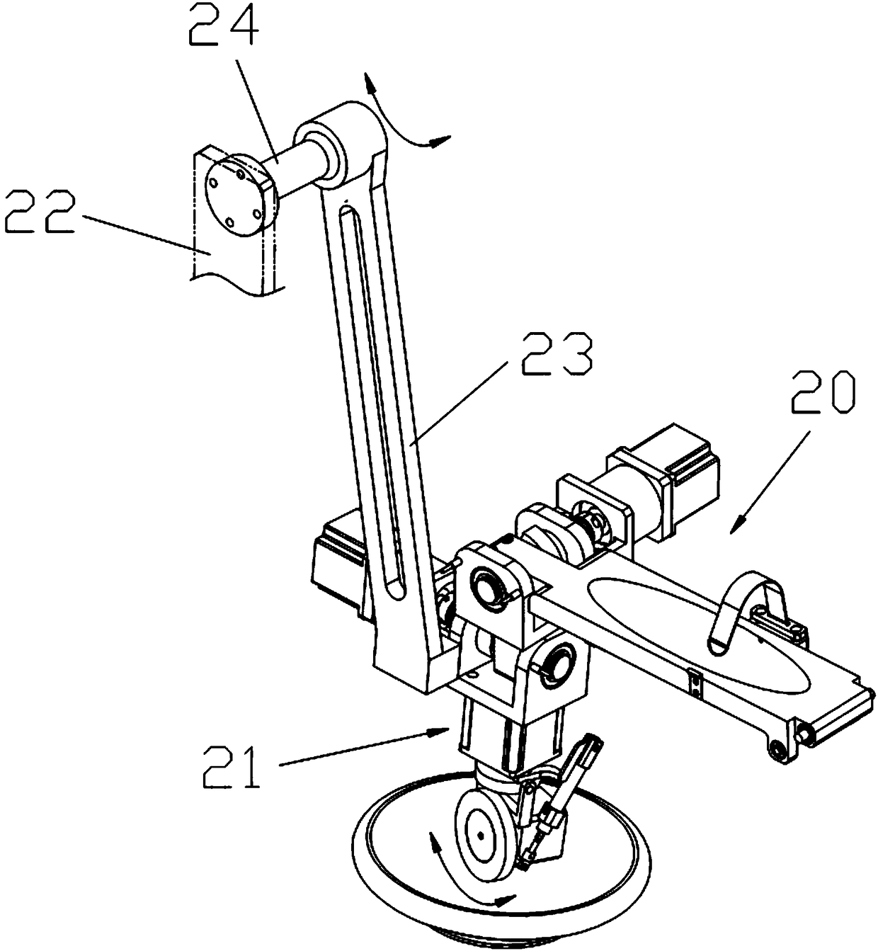 A rehabilitation device capable of exercising the mobility of the shoulder joint and the autonomous force of the arm