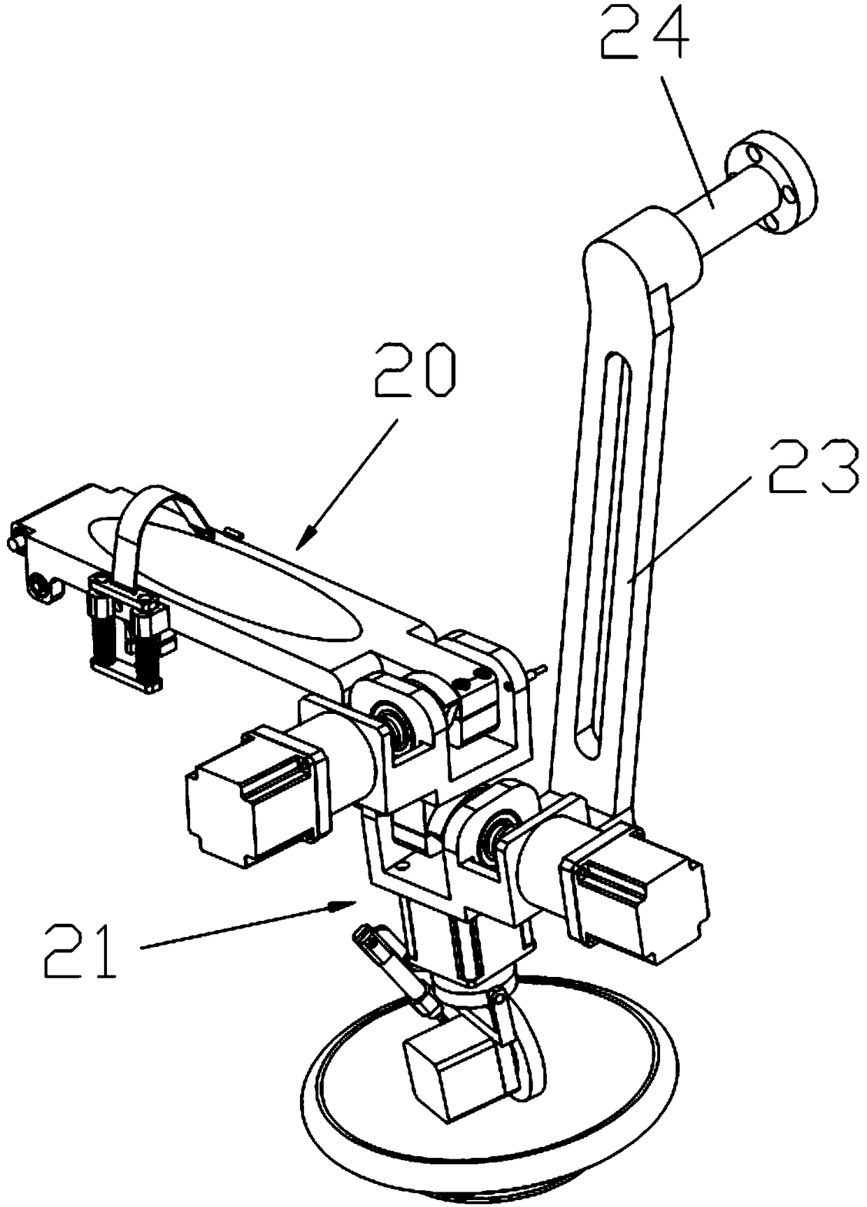 A rehabilitation device capable of exercising the mobility of the shoulder joint and the autonomous force of the arm