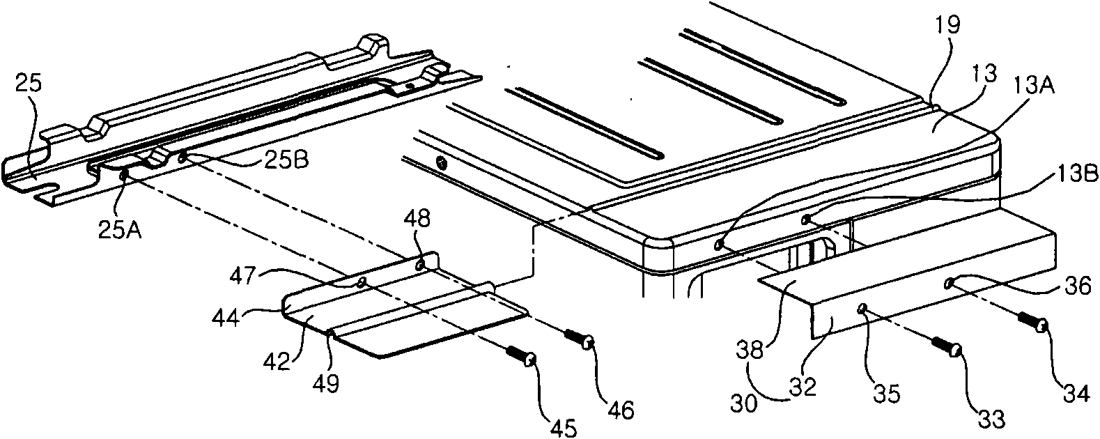 Stacking device of outdoor units of air conditioners and laminated structure of outdoor units