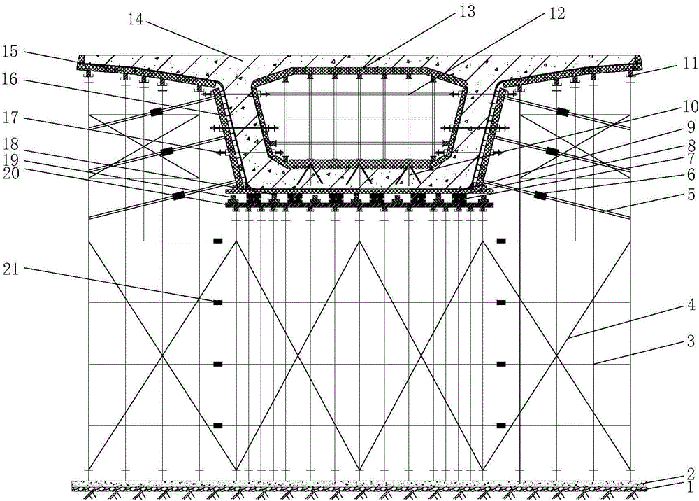 Mold supporting structure for variable cross-section cast-in-place box girder at section combining horizontal and longitudinal curves, and construction method of the mold supporting structure